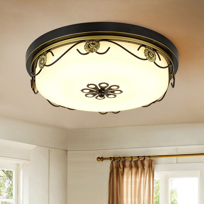 Rustikale trommelförmige LED Flush Licht Opal Glas Flush Deckenleuchte mit Dekorative Blume