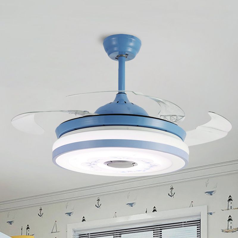 LED bleu / rose rond suspendu la lampe à fans moderniste acrylique 3 lames Semi Flush Fush Mount Éclairage, 42 "Largeur