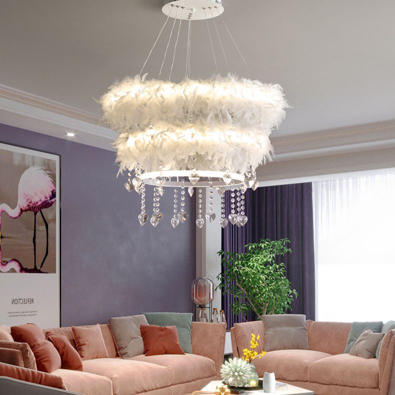 Tapered Feather Chandelier Pendant Nordic LED Hanging Light Fixture with Crystal Decor for Dining Room