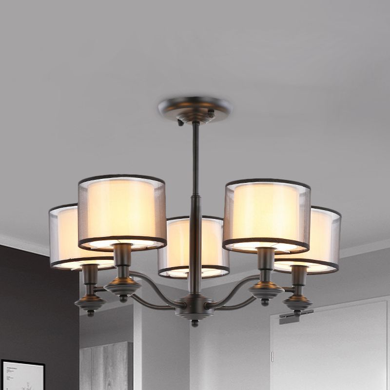 5/6 Bulbs Pendant Chandelier Traditional Double Drum Fabric Hanging Ceiling Light in Black for Bedroom