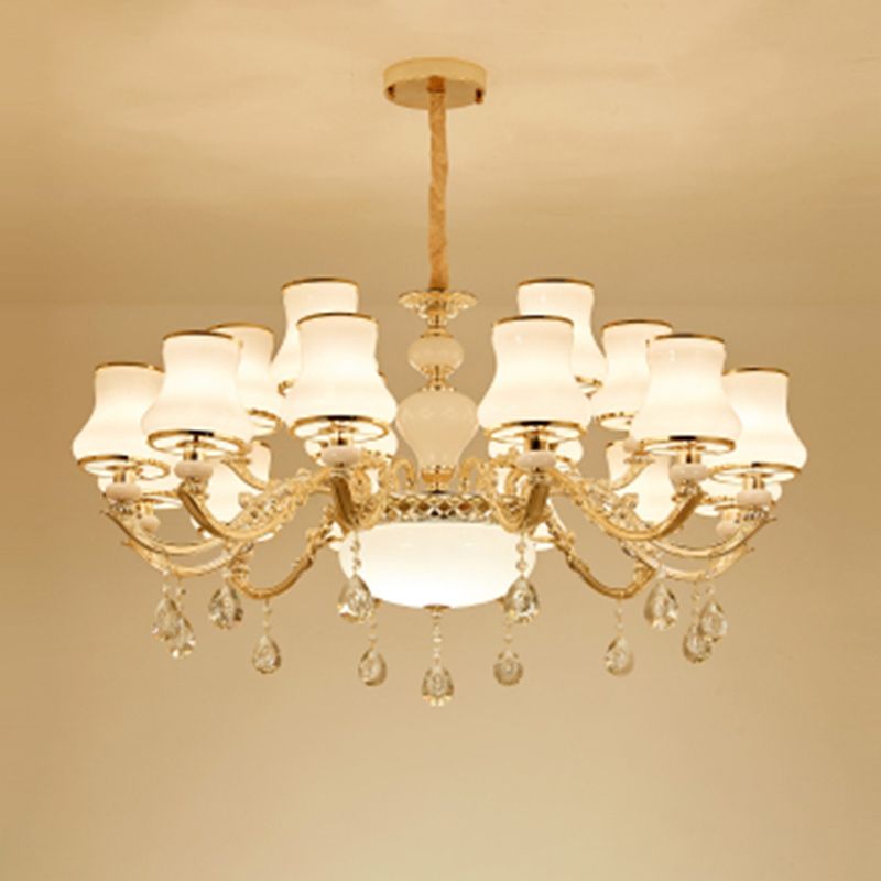 Klassieke Bud Chandelier Lighting White Glass Hanglamp met kristalafgraden voor woonkamer