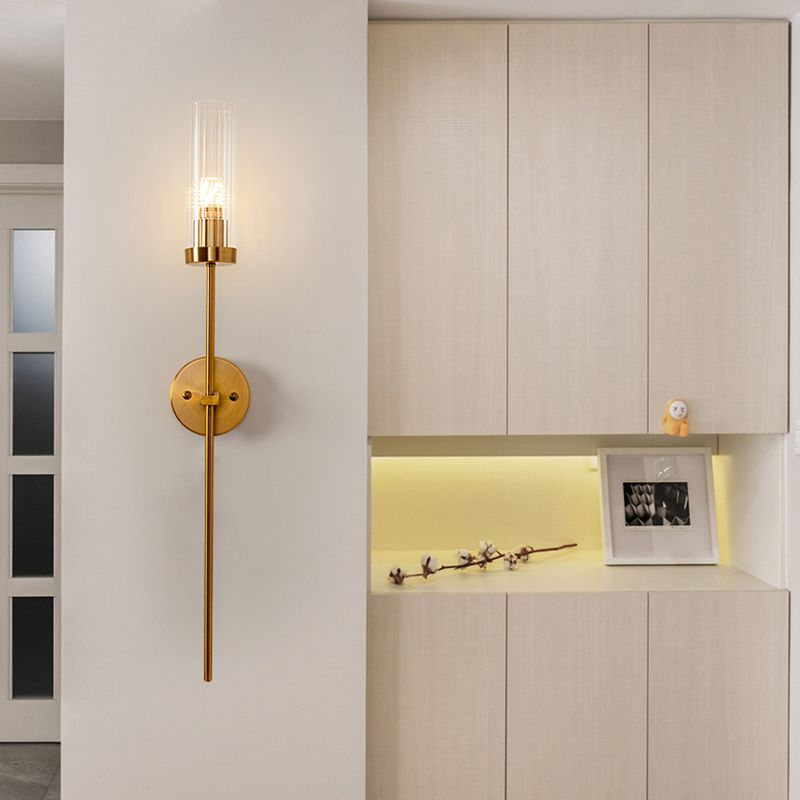 1-Light Torch Design Wall Light, Brass Finish with Cylinder Shaped Glass Shade