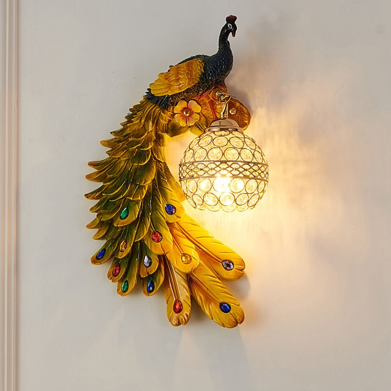 Peacock -vormige corridor wandlicht boerderij hars 1 lamp wand sconce met hemisfeer kristal schaduw
