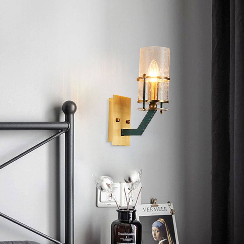 1 Bulb Wall Sconce Lighting Vintage Indoor Wall Mount Lamp Fixture with Cylinder Seeded Glass Shade in Brass