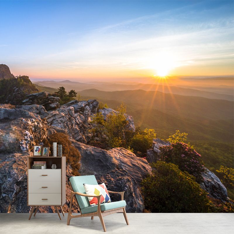 Custom Photo Print Modern Mural with Sunrise View from Rock Peak Pattern in Brown