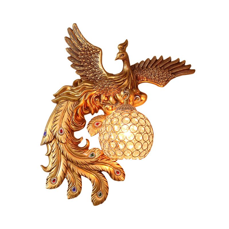 Lodge Style Phoenix Sconce Lighting Resin 1 Light Wall Lamp with Dome Crystal Shade in Gold