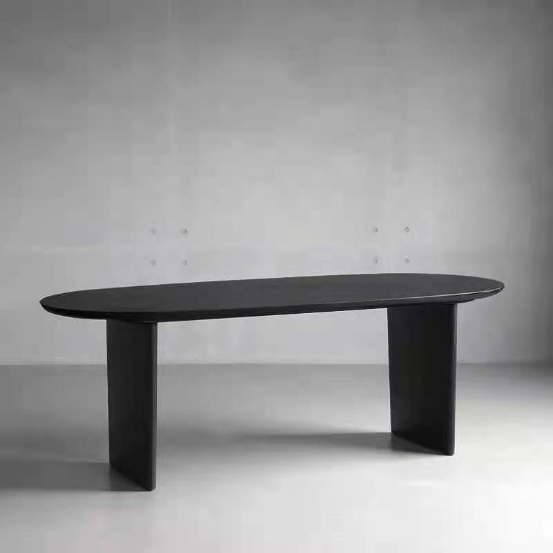 Ovaal dubbele voetstuk moderne eettafel zwarte vaste tafel met massief hout