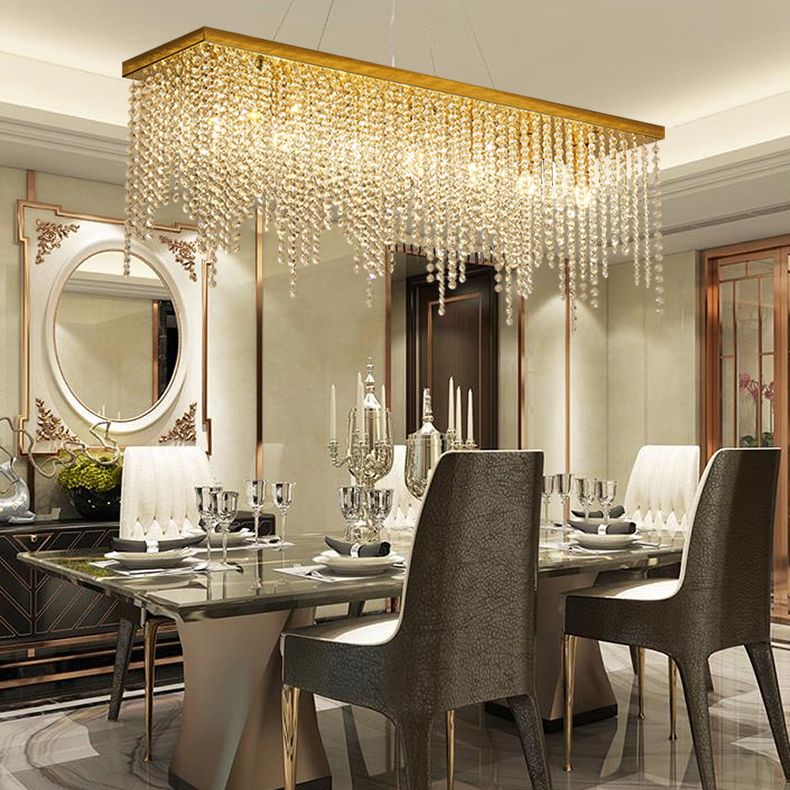 Rectangular Island Light Fixture Modern Crystal Dinning Room Island Pendant Light in Gold