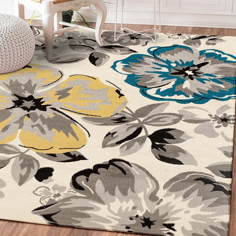 Modern Living Room Area Rug Multi Color Flower Carpet Polypropylene Washable Non-Slip Stain Resistant Indoor Rug