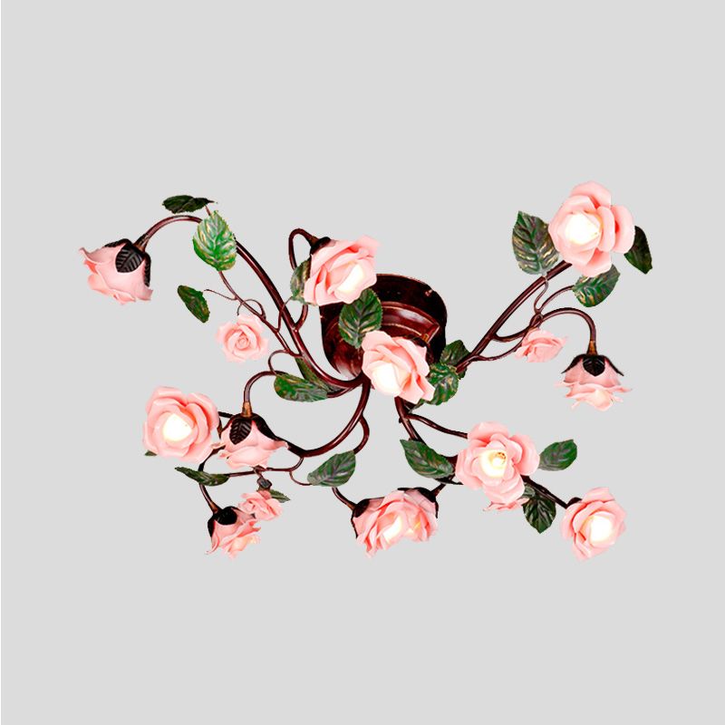 Rosenschlafzimmer Semi Flush Mount American Garden Metal 12 Köpfe dunkelbraune LED in der Nähe der Deckenbeleuchtung