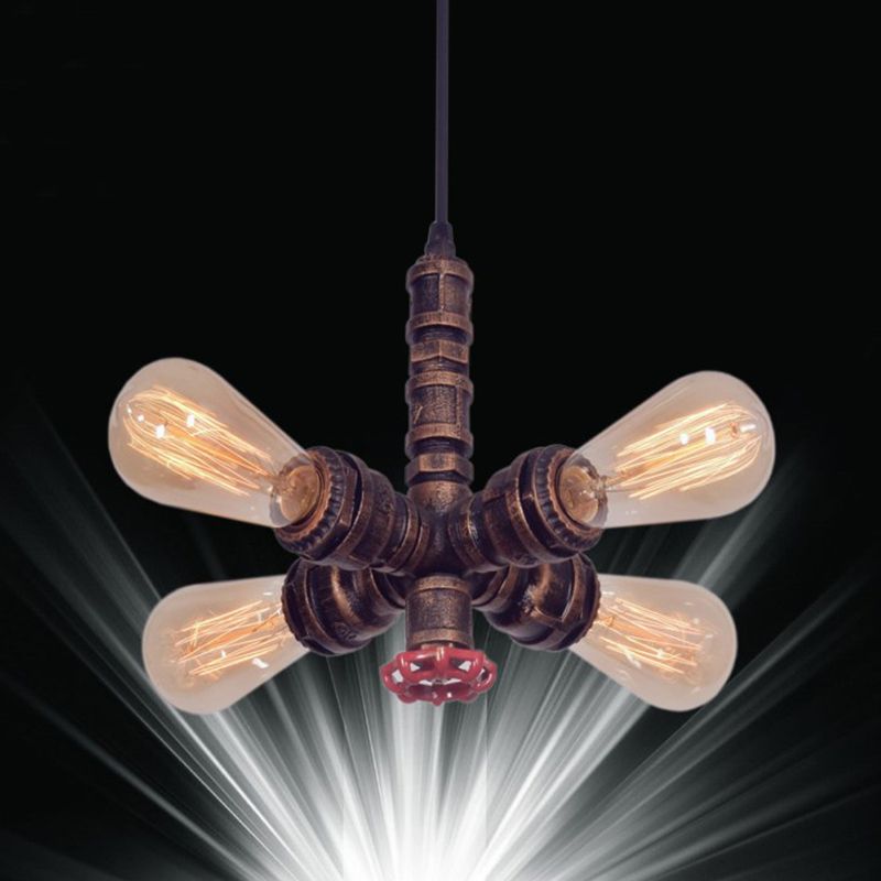 Antique Bronze Water Pipe Hanging Pendant Light Industrial Style Metal 4 Lights Bare Bulb Lighting Fixture for Restaurant Cafe Shop