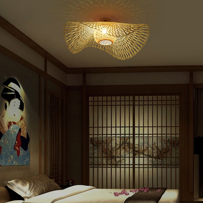 Japanse stijl bamboe inbouw 1-lichts plafondlamp voor woonkamer