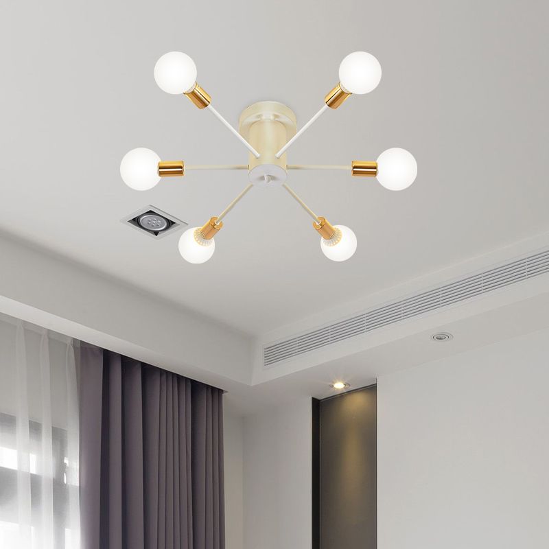 6/8 Heads Bare Bulb Semi Flush Mount Light Vintage Style Black/White Metallic Ceiling Light Fixture for Kitchen