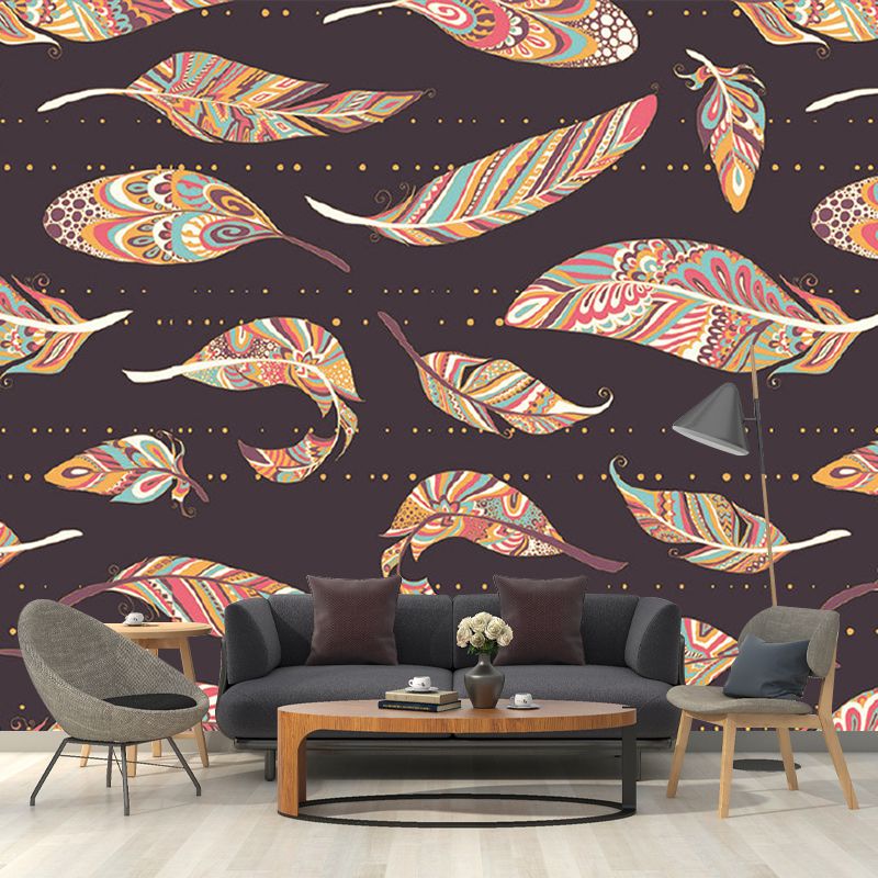 Illustration Colorful Feather Murals Wallpaper for Bedroom, Brown, Made to Measure