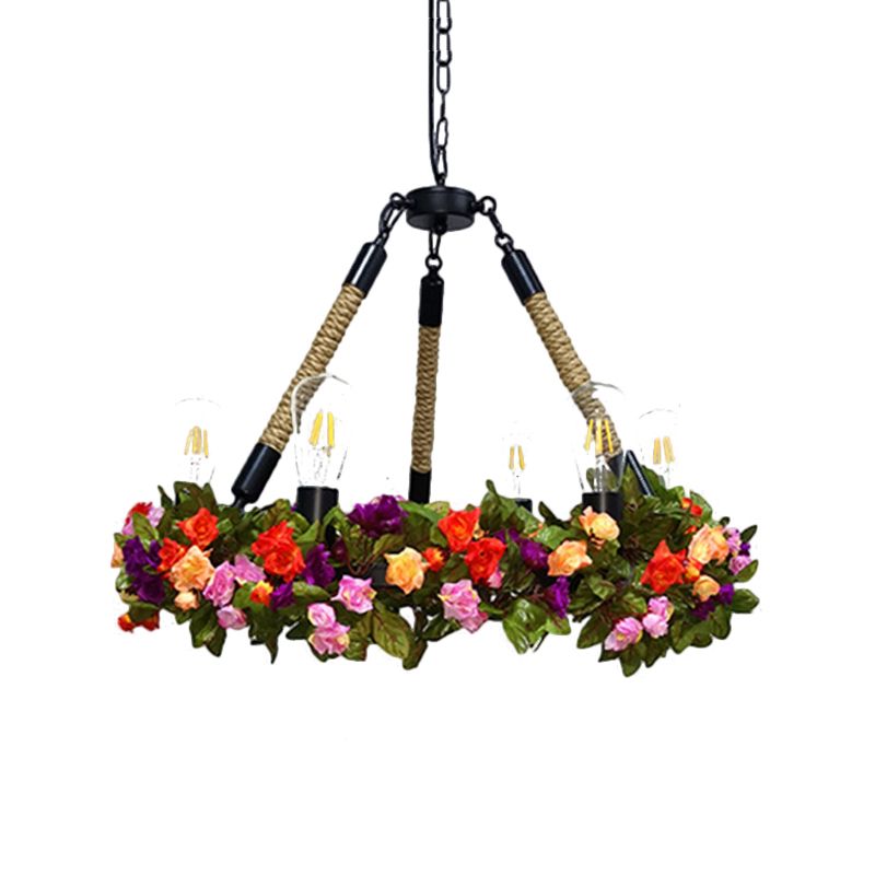 Metal Exposed Bulb Pendant Chandelier Industrial 6-Light Restaurant Pendulum Light with Pink/Green Artificial Floral Deco