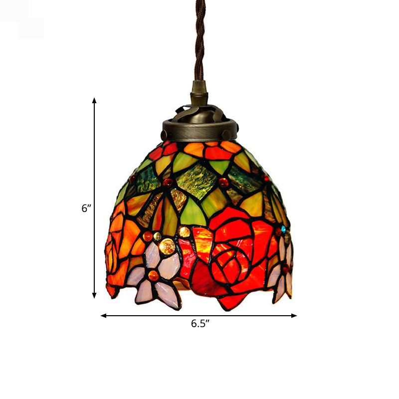 Tiffany Domed Pendant Light 1 Light Red/Pink/Yellow Stained Glass Ceiling Suspension Lamp for Dining Room