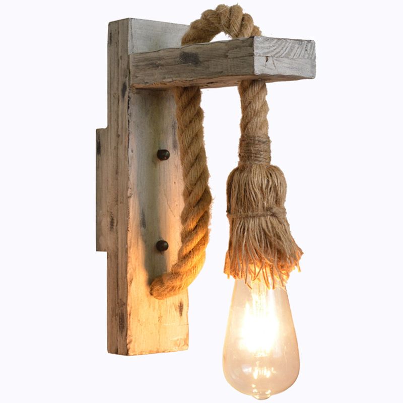 L-Arm Wood Wall Lamp Industrial 1 Head Corridor Wall Lighting Ideas with Rope Cord in Grey