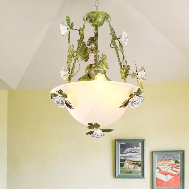 White Glass Bell Shape Pendant Chandelier American Flower Dining Room Hanging Light in Green
