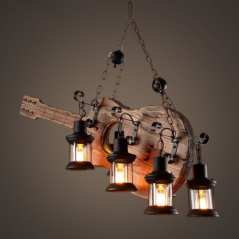 4 Light Wood Guitar Pendant Light Art Deco Industrial Black Metal Hanging Lamp