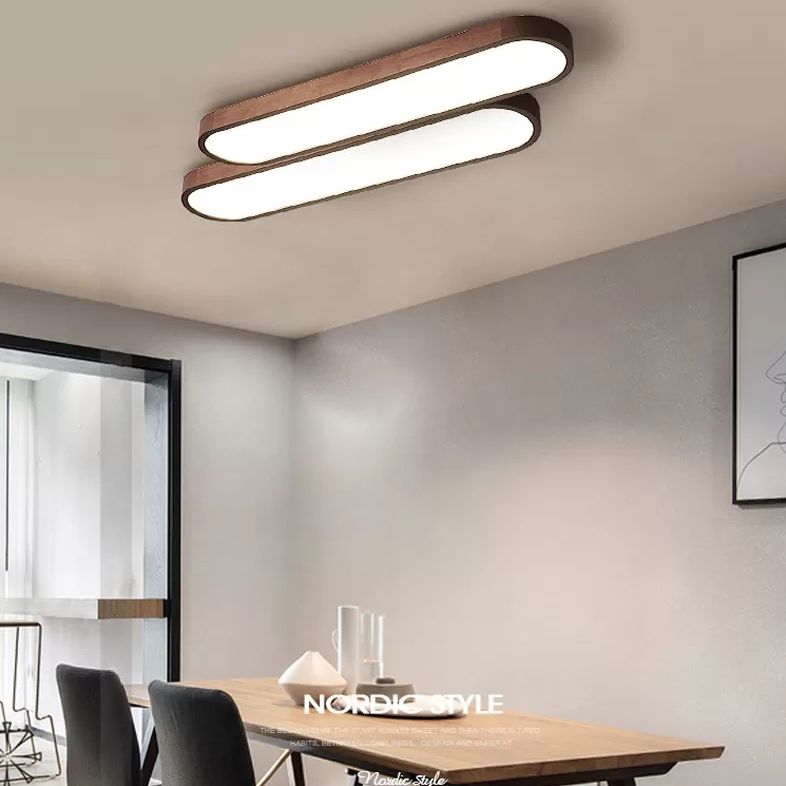Plafonnier nordique en bois foncé pour salle à manger, luminaire de plafond avec abat-jour oblong en acrylique