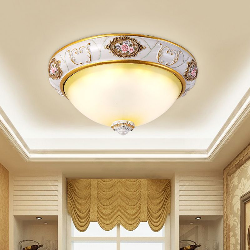 White Glass Domed Flush Mount Lighting Korea Countryside LED Bedroom Flush Lamp Fixture, 12"/16" Width