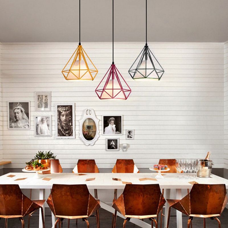 4-Color Optional Metal Cage Hanging Light Single Bulb Diamond Shaped Bedroom Lighting Fixture