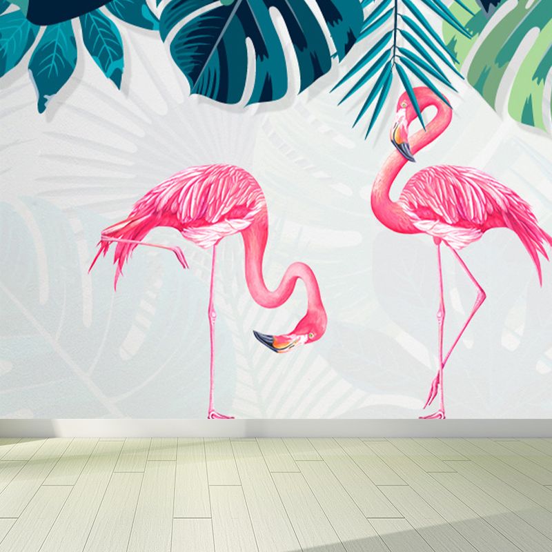 Flamingos and Leaves Wall Mural Modern Decorative Living Room Wall Covering, Custom