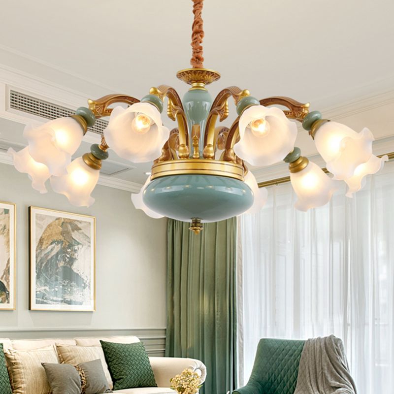 Flower Opal Frosted Glass Chandelier Vintage Living Room Hanging Light in Brown-Blue