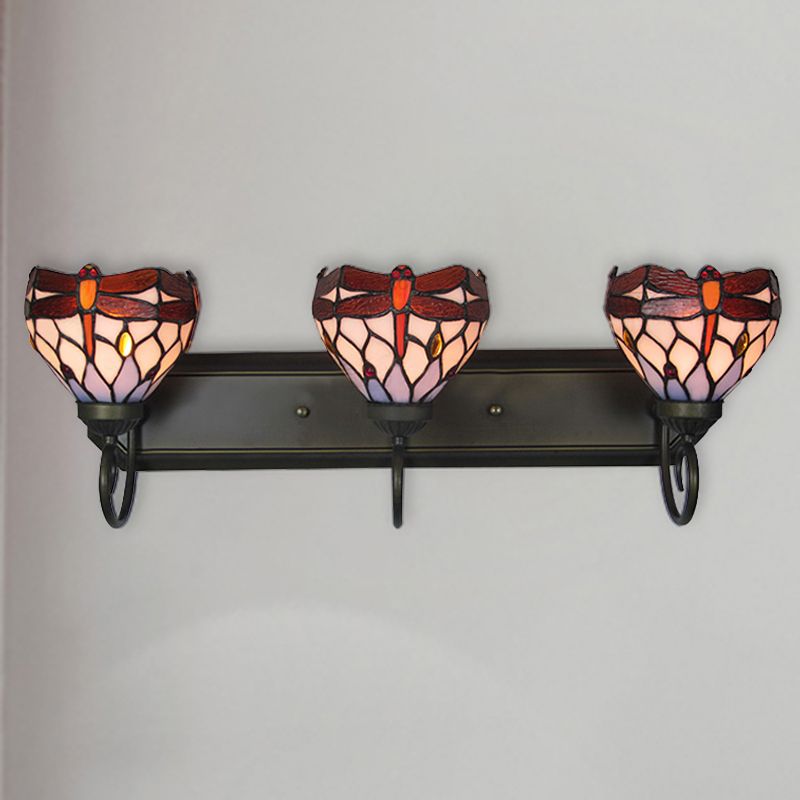 3 Lights Dragonfly Wall Lighting Stained Glass Lodge Vanity Light in Antique Brass for Bathroom
