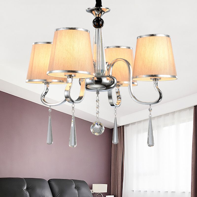 White Tapered Chandelier Light Contemporary Fabric 4/6/8-Bulb Living Room Pendant Lighting with Crystal Drop