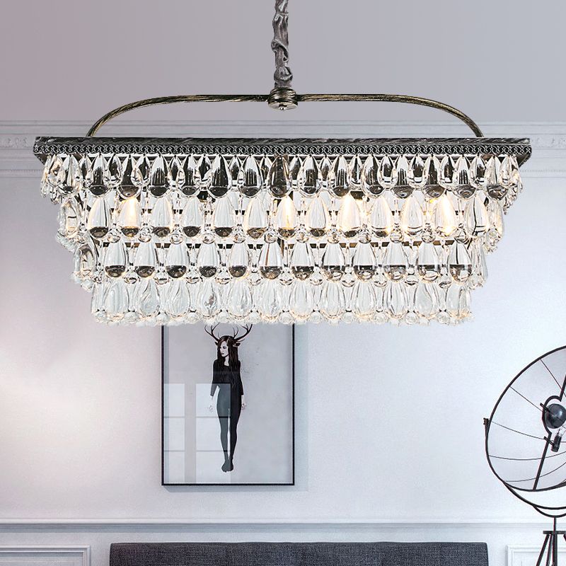 Silver Rectangle Hanging Ceiling Light Modernism Teardrop Crystal 4/6 Heads Living Room Island Light