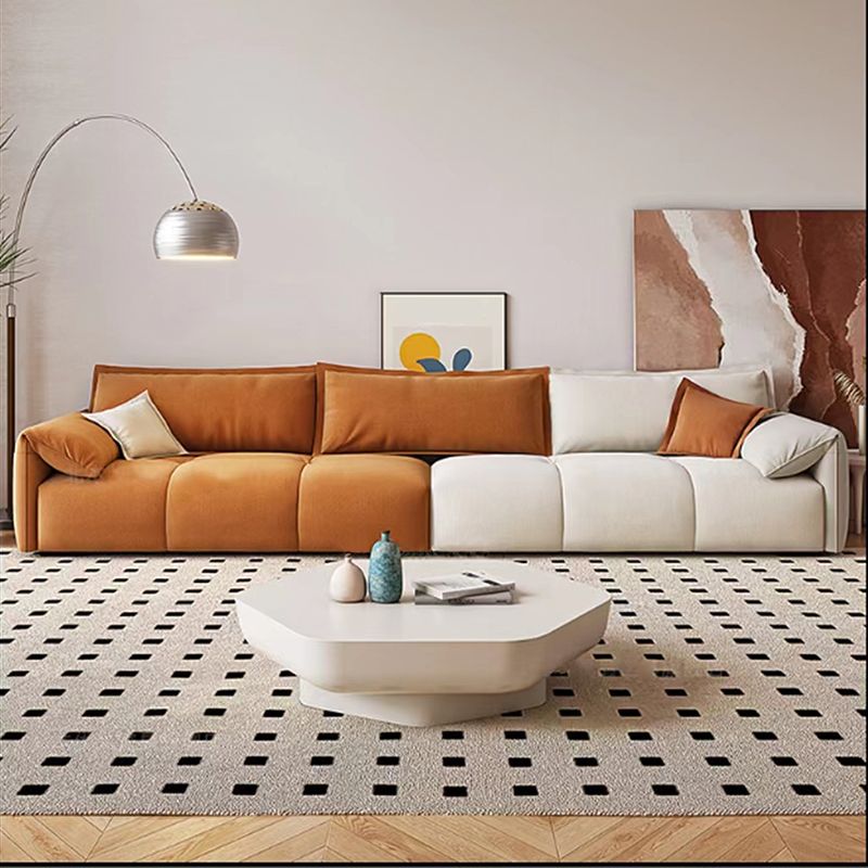 Tufted Loose Back Sofa with Chaise Nordic Pillow Top Arm Sofa in Orange and White