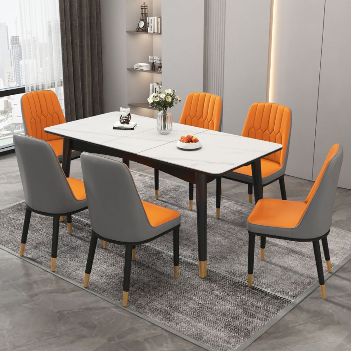 Extendable Sintered Stone Dining Table in White Modern Table with 4 Legs for Restaurant