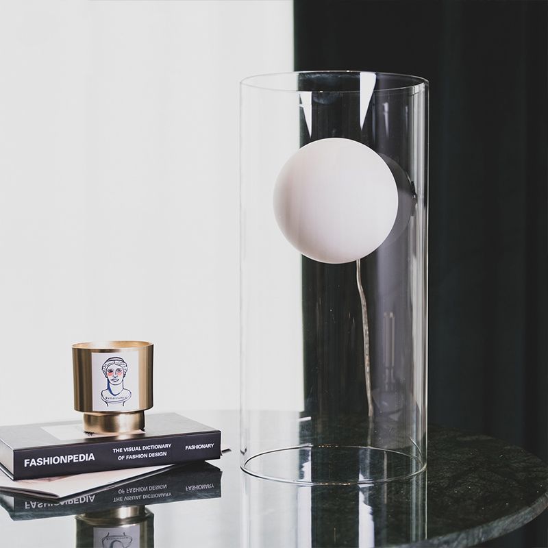 Cylindrical Living Room Table Light Clear Glass 1-Light Minimalism Nightstand Lamp with Plug In Cord