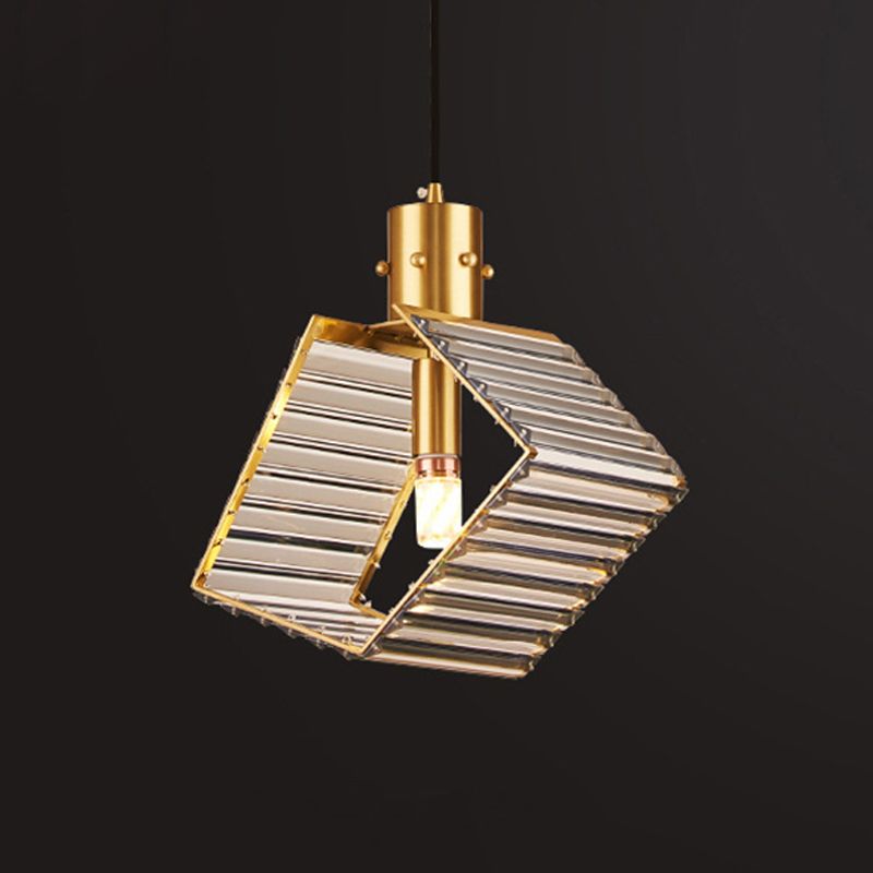 4-Side Prismatic Crystal Suspension Lamp Mid Century Single Bulb Dining Table Pendant Lighting Fixture in Brass