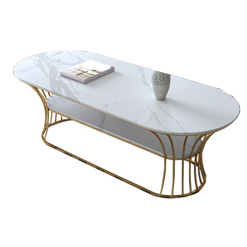 Glam Oval Slate Coffee Table with Iron Frame and Stone Top Cocktail Table