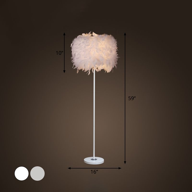 Single-Bulb Living Room Floor Lamp Minimalist White/Chrome Standing Light with Cylindrical Feather Shade
