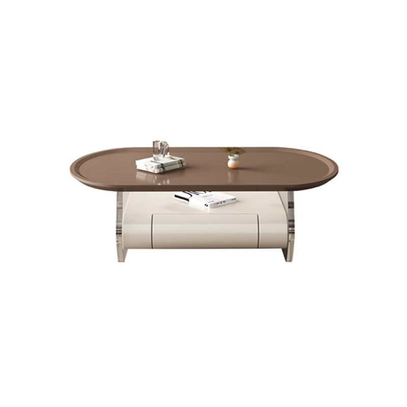 Brown Elliptical Coffee Table 15.7" H 1-Shelf & 1-Drawer Cocktail Table with Acrylic Legs