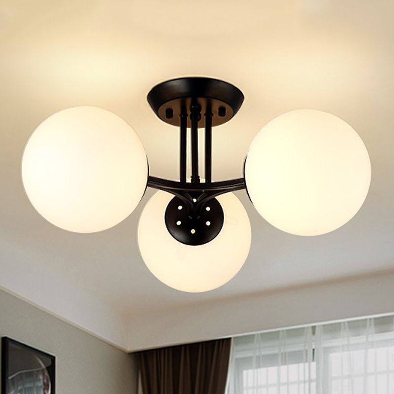 3/6 Lights Living Room Ceiling Light Fixture Traditional Black Semi Flush with Globe White Glass Shade