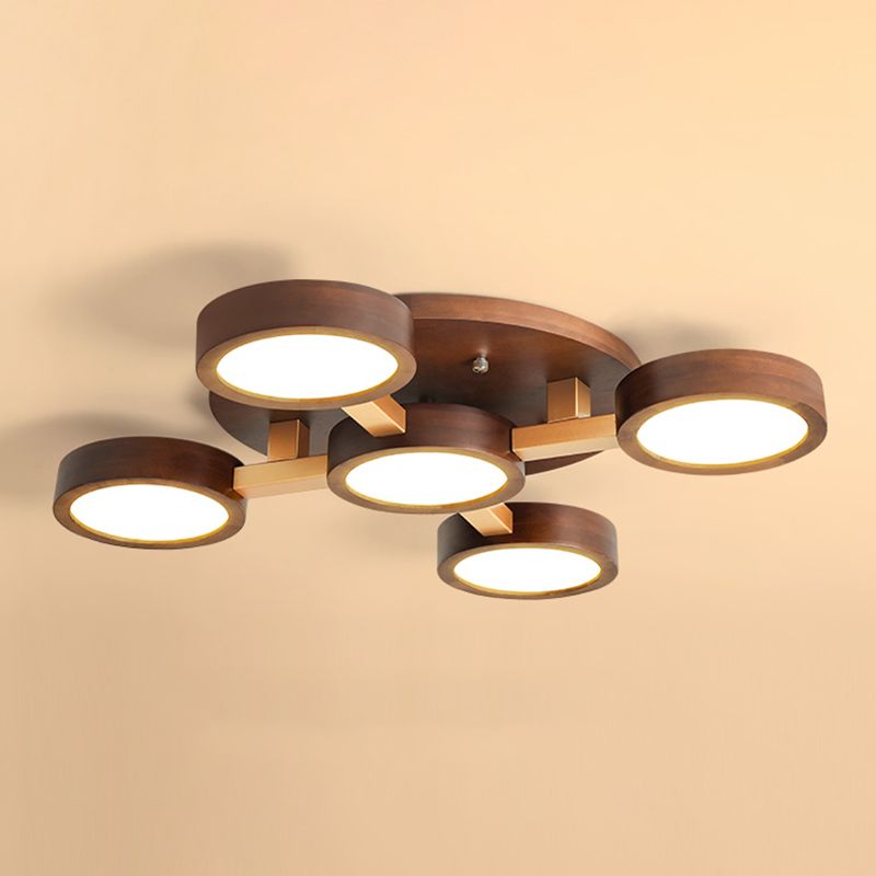 Brown Wood Modern Flush Mount Circle Shape Ceiling Light with Acrylic Shade for Passage