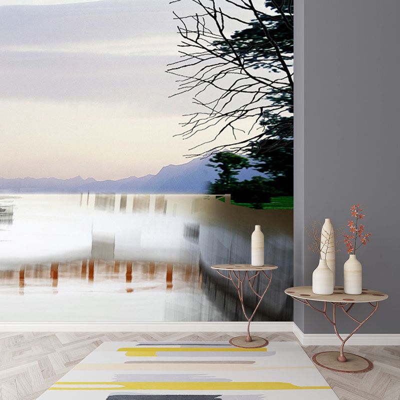 Blue-White Lake Reflecting Murals Scenery Modern Stain Proof Wall Art for Living Room