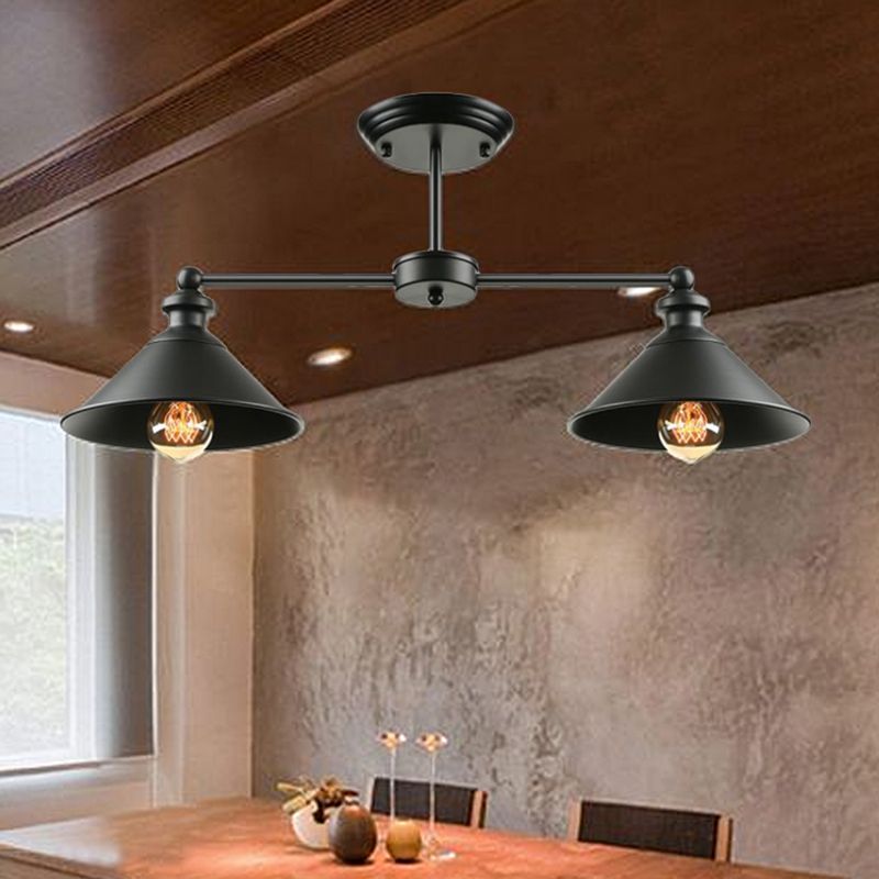 Lámpara de techo para mesa de comedor, iluminación industrial de montaje semiempotrado, metálica, doble cónica, 2 luces, color negro