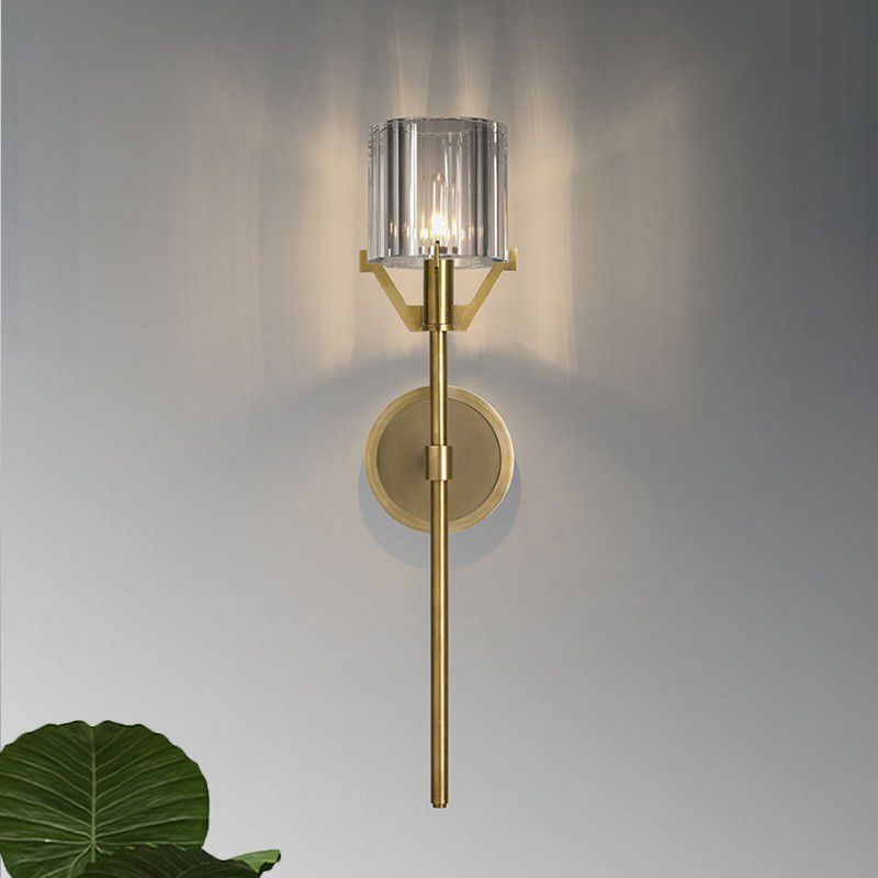 Brass 1 Head Wall Light Fixture Postmodern Clear Crystal Block Cylinder Wall Sconce with Pencil Arm