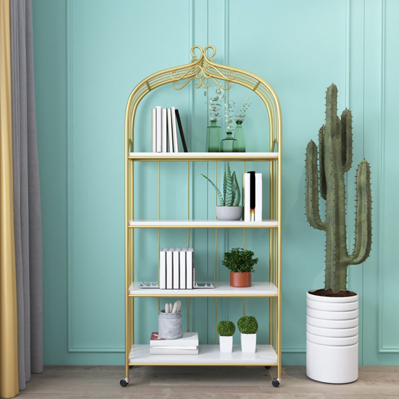 Gold Vertical Bookshelf Iron Frame Solid Wood Shelf Bookcase with Caster Wheels