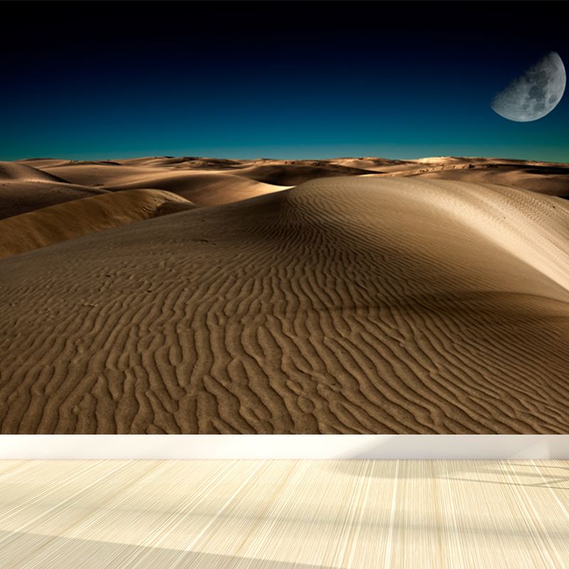 Modern Half-Moon Scenery Mural Yellow and Blue Desert at Night Wall Decor for Living Room