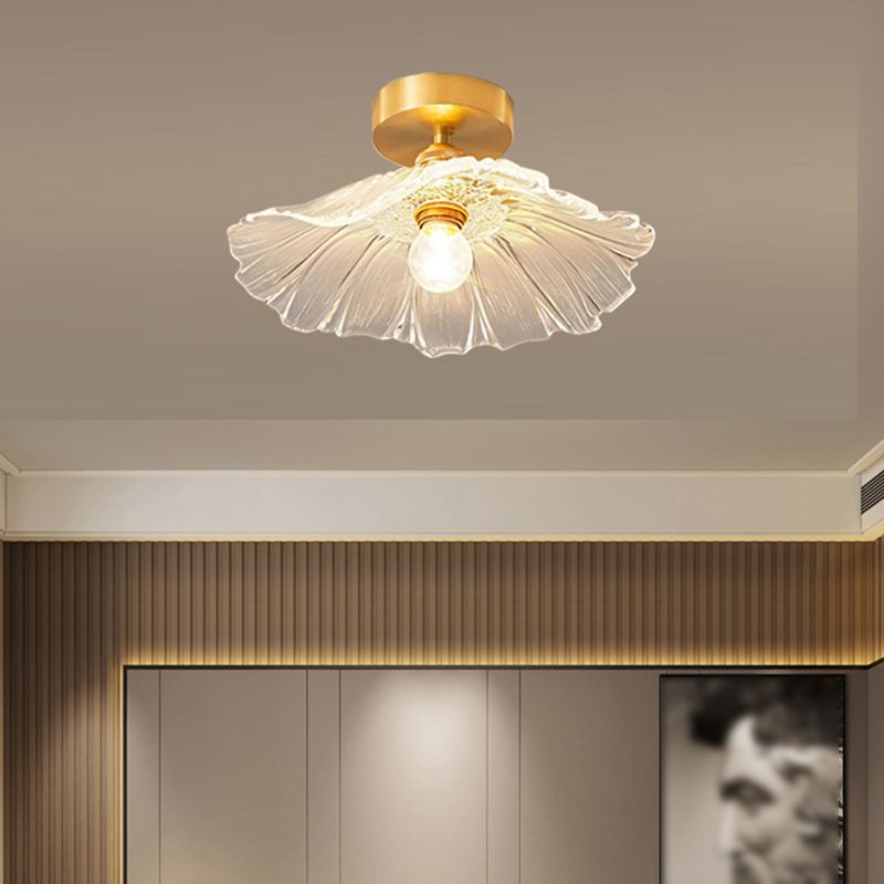 Flower Shape Glass Flush Light Modern Style 1 Light Flush Mount Ceiling Lights in Brass