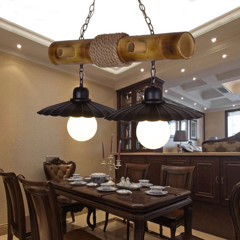 2 Heads Scalloped Hanging Lamp Countryside Black Rope and Bamboo Island Lighting for Dining Room