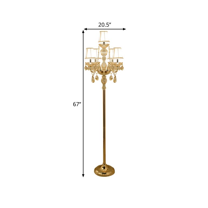 Lámpara de lectura de la sala de velas Cristal transparente tradicional 5/6 bulbos dorado luz de pie con sombra blanca