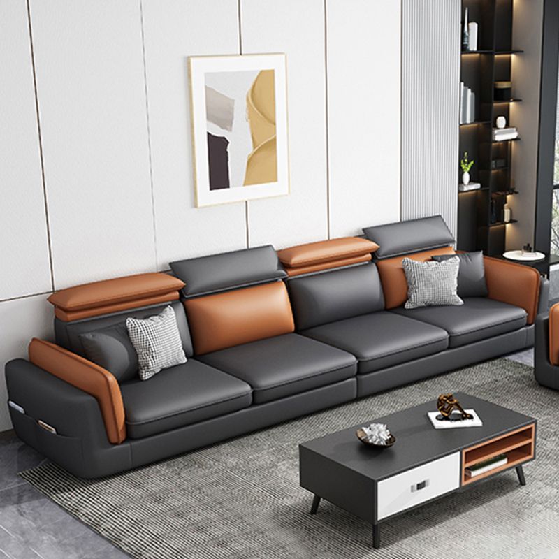 Scandinavian Dark Gray Cushion Back Faux Leather Storage Sofa & Chaise