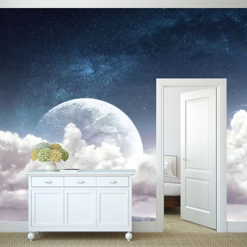 Whole Cloud and Moon Mural in Blur and White Non-Woven Fabric Wall Art for Ceiling, Made to Measure